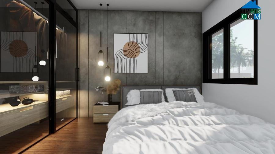 Phòng ngủ cá tính với tấm ốp tường hiệu ứng bê tông.